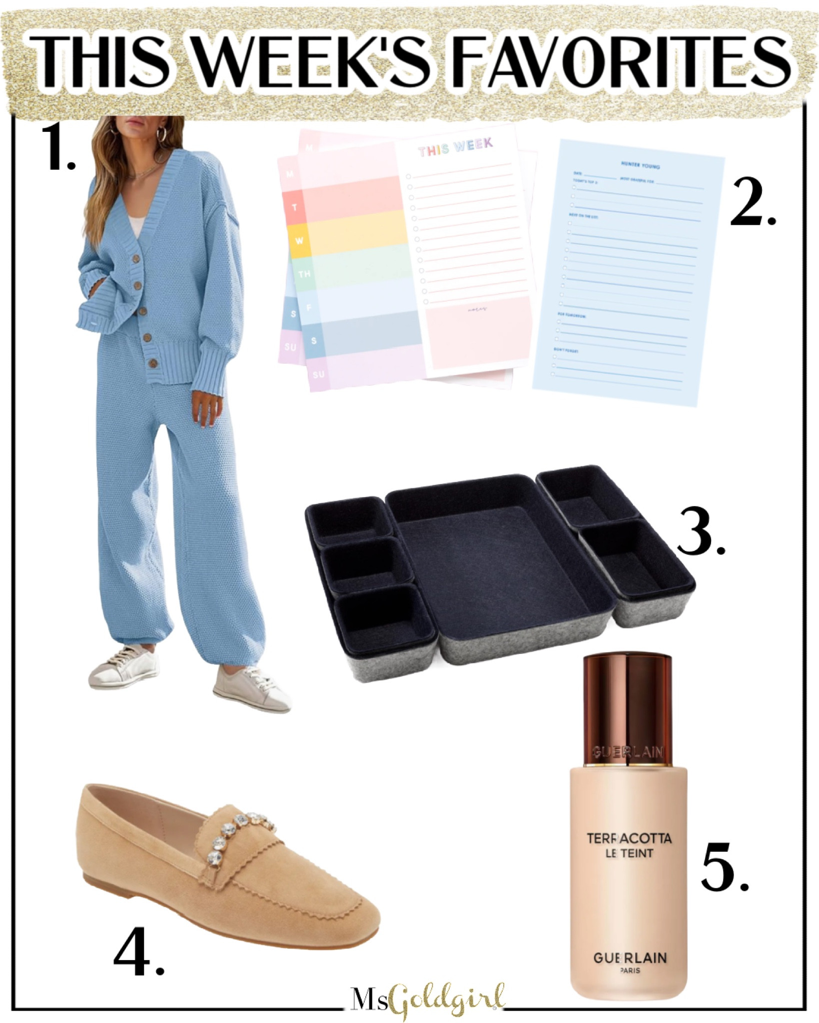 This Week’s Favorites:
1. Love this knit set-runs big-I have it in size XS (comes in TONS of colors)
2. Jumping back on the making lists train-these two are great for daily and weekly tasks. Use code MARNIE10 to get 10% off.
3. We all have organizing on the brain-this set transformed my nightstand.
4. A little spin on a classic loafer shape-runs TTS
5. Foundation is glowy, reminds me of the original Lingerie de Peau. I have it in shade 0N

#weeklyfavorites #wfh #workfromhome #loungewear #homeorganizer #getorganized #todolists #newyearsresolutions #fashionover40 #fashionover50 

#LTKhome #LTKshoecrush #LTKbeauty