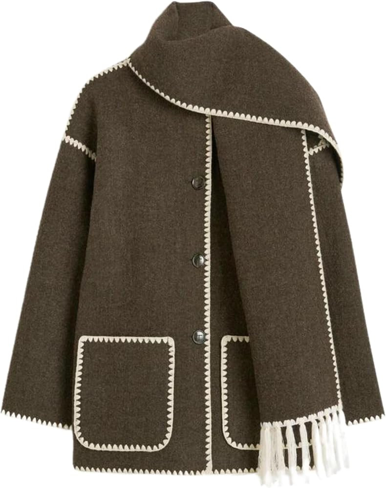 QIBABU Womens Embroidered Scarf Jacket Button Down Wool Blend Coat Long Sleeve Round Neck Tassel ... | Amazon (US)