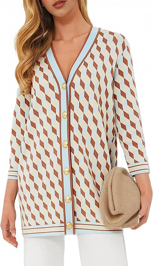 Kedera Women's Open Front Cardigan Sweaters Fashion Button Down 3/4 Sleeve Plaid Sweaters Lightwe... | Amazon (US)