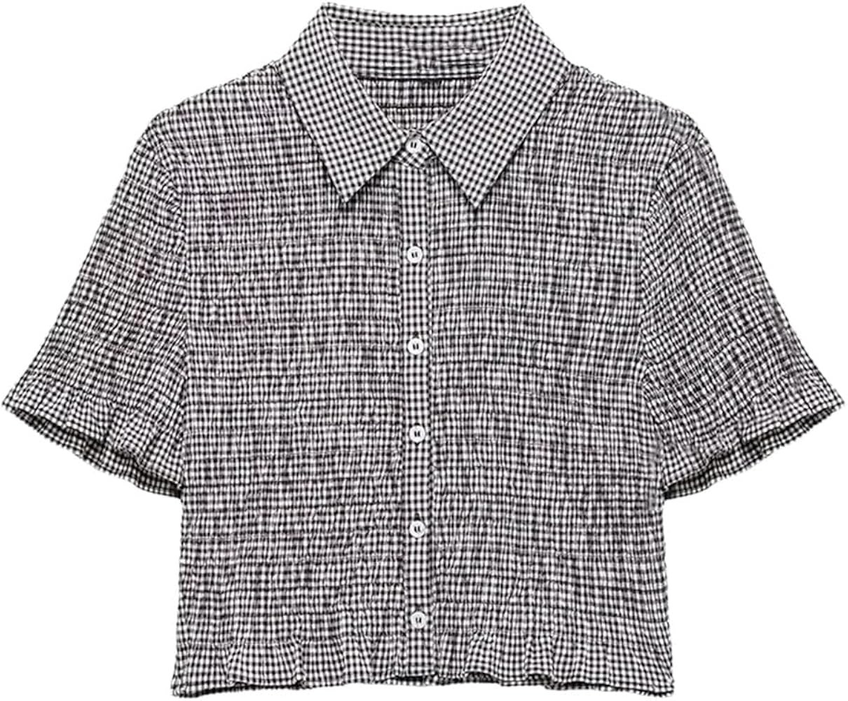 Women's Solid Color Casual Lapel Short Retro Plaid Stretch Short Sleeve Shirt | Amazon (US)
