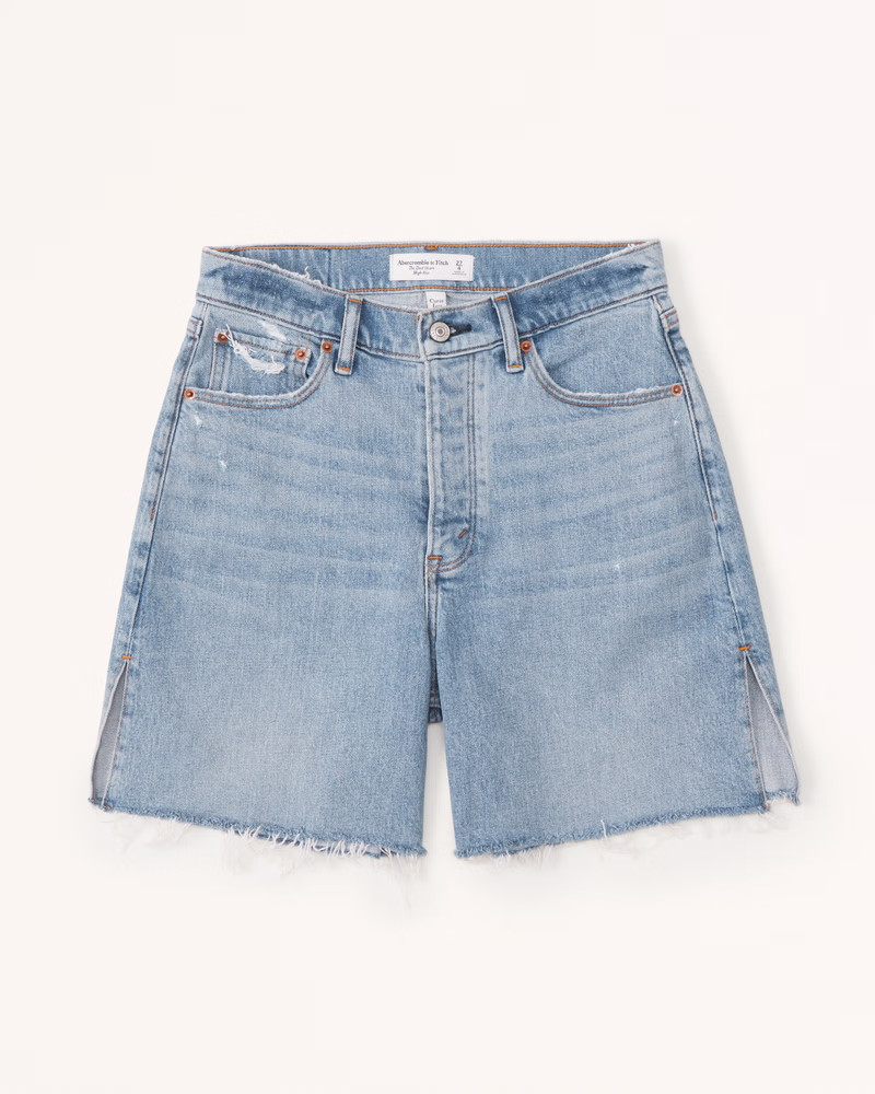 Curve Love High Rise 7 Inch Dad Shorts Denim Shorts Blue Shorts Summer Outfits Beach Outfit | Abercrombie & Fitch (US)