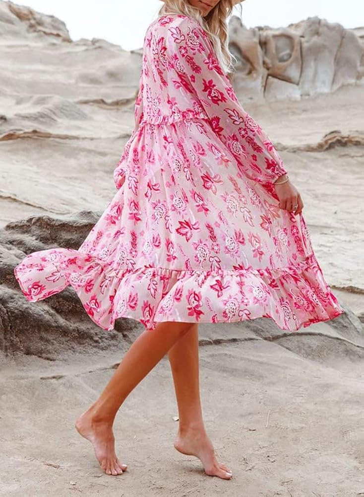 Dokotoo Womens Beach Cover Ups Long Sleeve Open Front Ruffle Trim Floral Boho Lightweight Summer Car | Amazon (US)