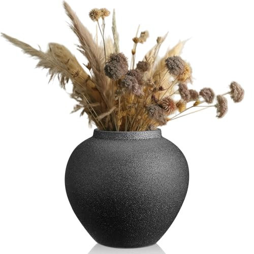 Mimorou Black Ceramic Decorative Flower Vase 8.27" x 8.66" Textured Round Rustic Pottery Vintage Large Vase for Home Decor Centerpieces Living Room Christmas Decoration | Amazon (US)