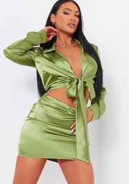 Marianna Green Satin Tie Cropped Shirt Co-Ord | Missy Empire (UK)