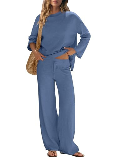 Yanekop Womens Matching Lounge Sets 2 Piece Outfits Sweater Set Lightweight Knit Loungewear Set Casual Loose Fit Outfit(Grey Blue,S) | Amazon (US)