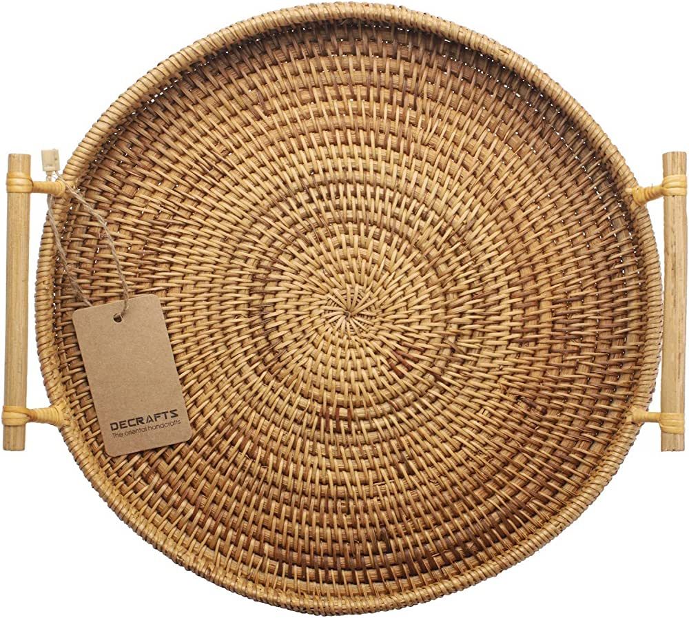 DECRAFTS Rattan Round Serving Tray Wicker Woven Bread Basket with Handles for Cracker Dinner Part... | Amazon (US)