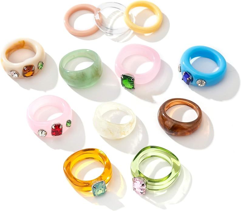 MOROTOLE 12Pcs Resin Rings Colorful Acrylic Rings for Women Resin Diamond Finger Rings Set Chunky... | Amazon (US)