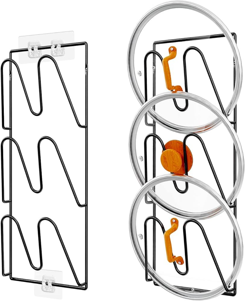 2 Pack Pot Lid Organizer Rack, 6-Tier Pot Lids Holder for Cabinet Door/Wall, No Drilling Adhesive... | Amazon (US)