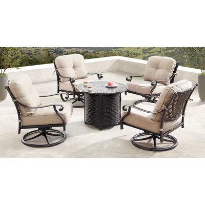 Outdoor Aluminum 34 In. Round Fire Table Set With Four Deep Seating Swivel Rocking Chairs, Fire Beads, Lid And Fabric Cover | Perigold