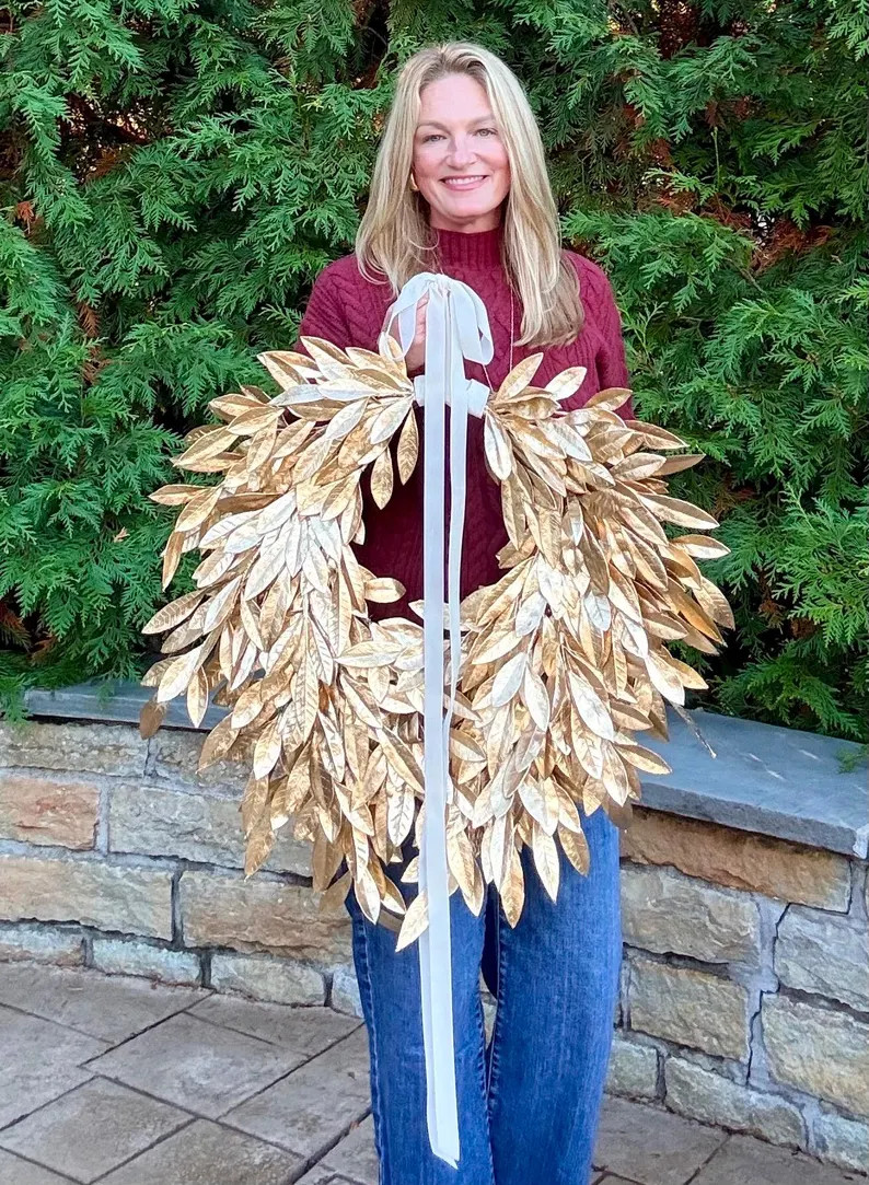 Cascading Antique Gold Bay Leaf Christmas Wreath, Elegant Holiday Wreath for Front Door, Metallic... | Etsy (US)