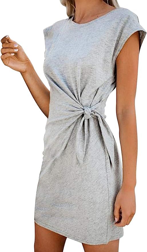 LaSuiveur Women’s Casual Bodycon Tie Waist Cap Sleeve Cotton T Shirt Dress | Amazon (US)