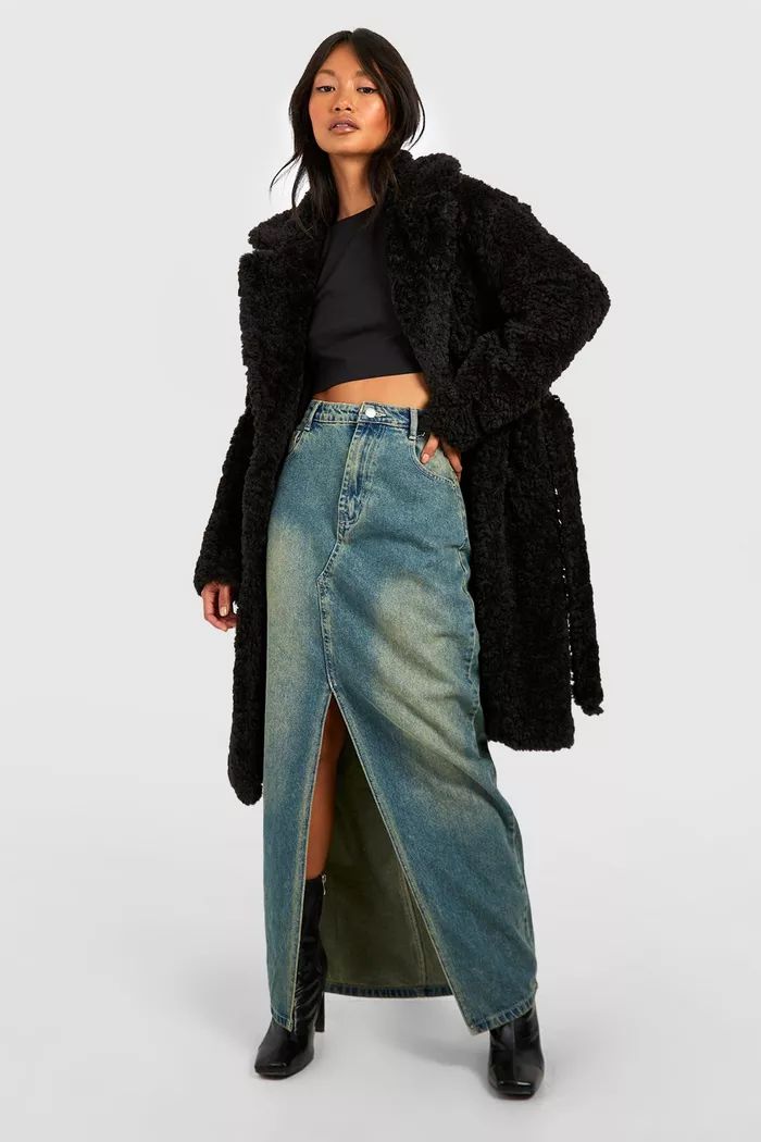 Textured Belted Faux Fur Coat | Boohoo.com (UK & IE)