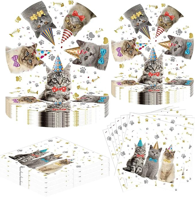 Cat Party Supplies Party Tableware Set Include Cat Plates, Napkins Serves 20 for Cat Theme Party ... | Amazon (US)