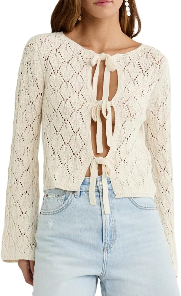 Women Y2k Tie Front Cardigan Long Sleeve Crew Neck Lightweight Shrug Sweater Knitted Bow Knot Tre... | Amazon (US)