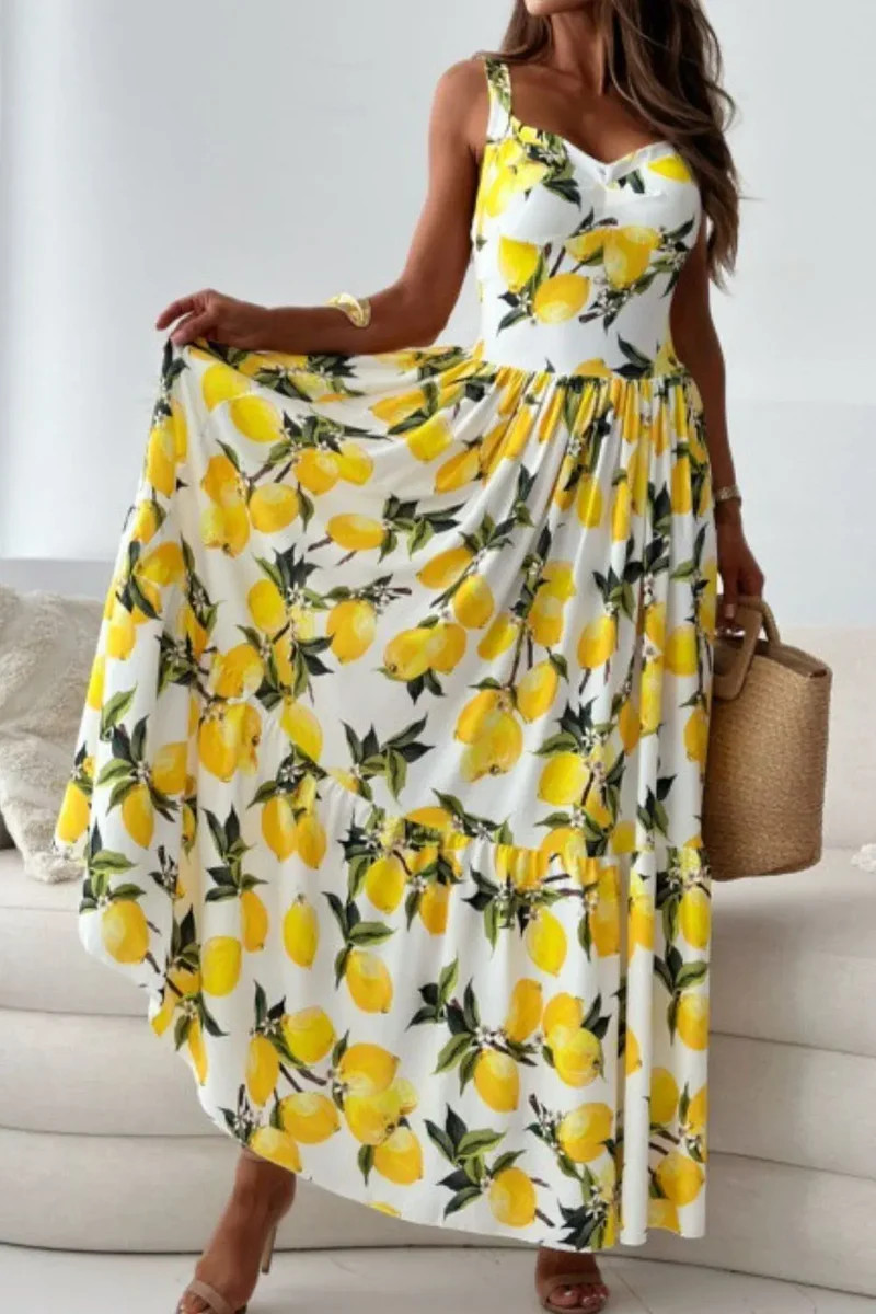 Lemon Print Sweetheart Neck Maxi Dress | Charming Charlie