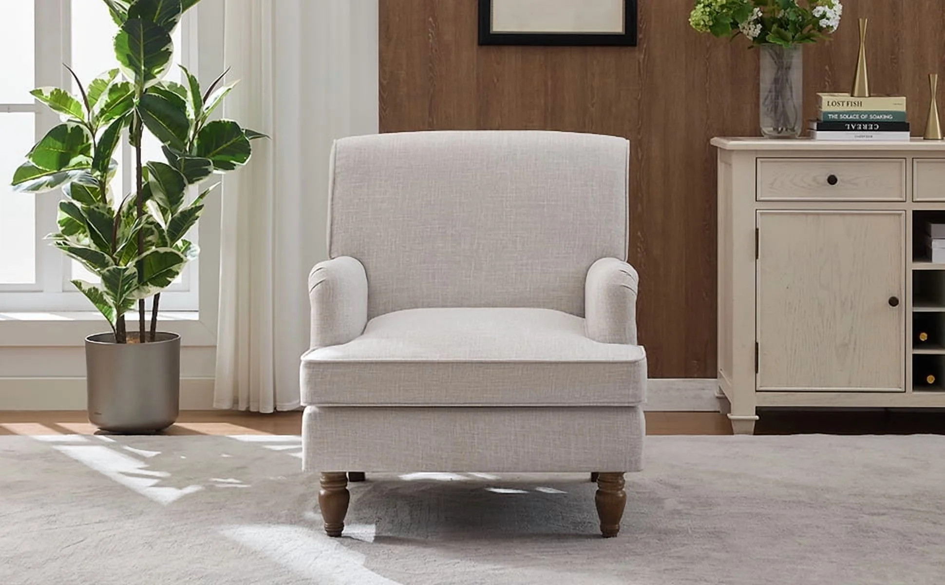 Lisonu Vintage Accent Chair, Upholstered Linen Armchair with Rolled Arms and Antique Turned Wood ... | Walmart (US)