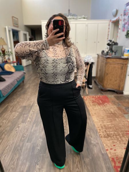 Thanksgiving Outfit. Comfort and elegant. Snake print sheet top with Amazon bodysuit under. These comfortable trouser pants with pockets. Pop of color from BCBG. This fit has stretch so perfect for holiday meals where we socialize standing and sitting. 

#LTKsalealert #LTKover40 #LTKworkwear