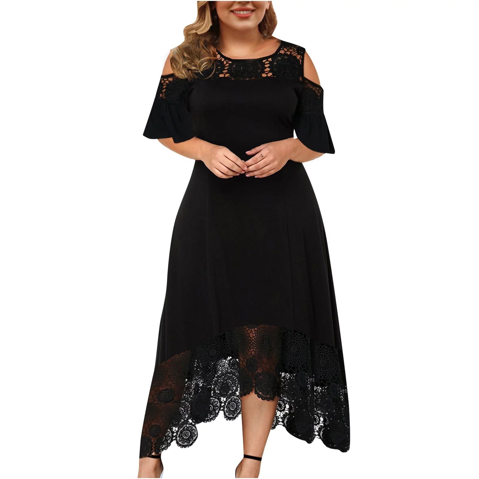 Women Midi Plus Size Short Sleeve Dress Simple Casual Solid Homecoming Dresses For Wedding Guest | Walmart (US)