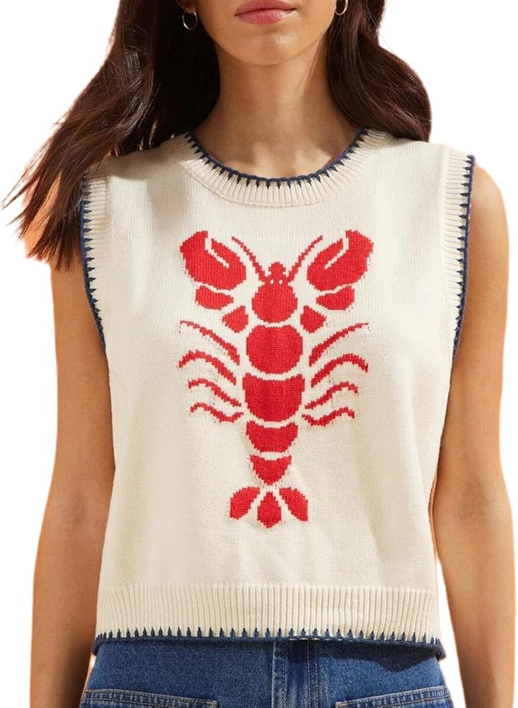 Muineobuka Women Y2K Graphic Sweater Vest Cute Lobster Sleeveless Crew Neck Knit Pullover Tank To... | Amazon (US)