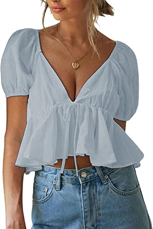 Remidoo Women's Puff Short Sleeve Tie Back V Neck Ruffle Hem Peplum Crop Tops | Amazon (US)