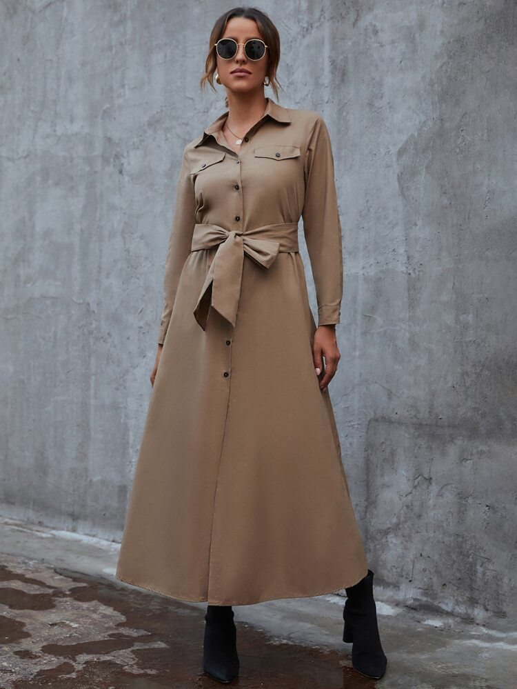 Flap Detail Button Front Belted Shirt Dress | SHEIN