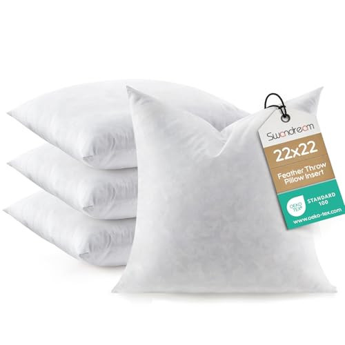 Swandream Feather Throw Pillow Inserts Set of 4, Soft Fluffy Square 22 x 22 Inches Decorative Pillow Insert, Feather and Down Euro Pillows for Bed, Couch and Cushion | Amazon (US)