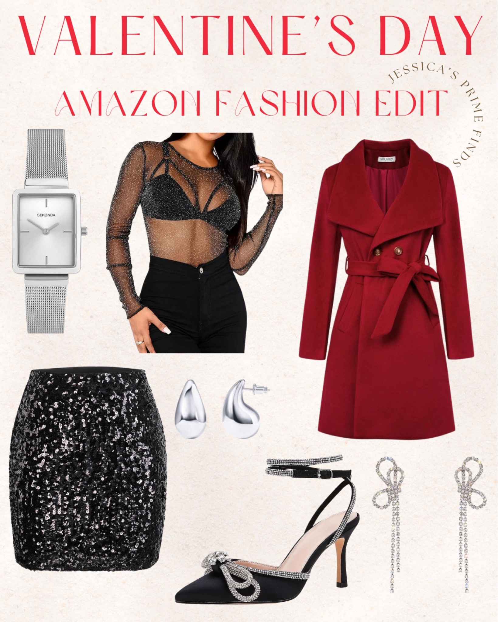 Valentine's day fashion, love and hearts, vday fashion, casual Valentine’s Day, sporty valentines, date night look, mach and mach look for less, shoes for date night, sparkly dress, rhinestone dress, sequin dress, sequins, leather leggings, sparkly skirt, mesh top, trench coat, teardrop earrings, bow earrings, bow heels