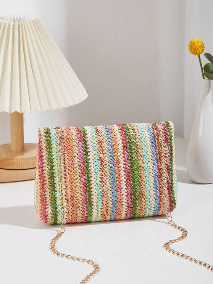 Colorful Woven Flap Straw Square Bag, Suitable For Vacation | SHEIN