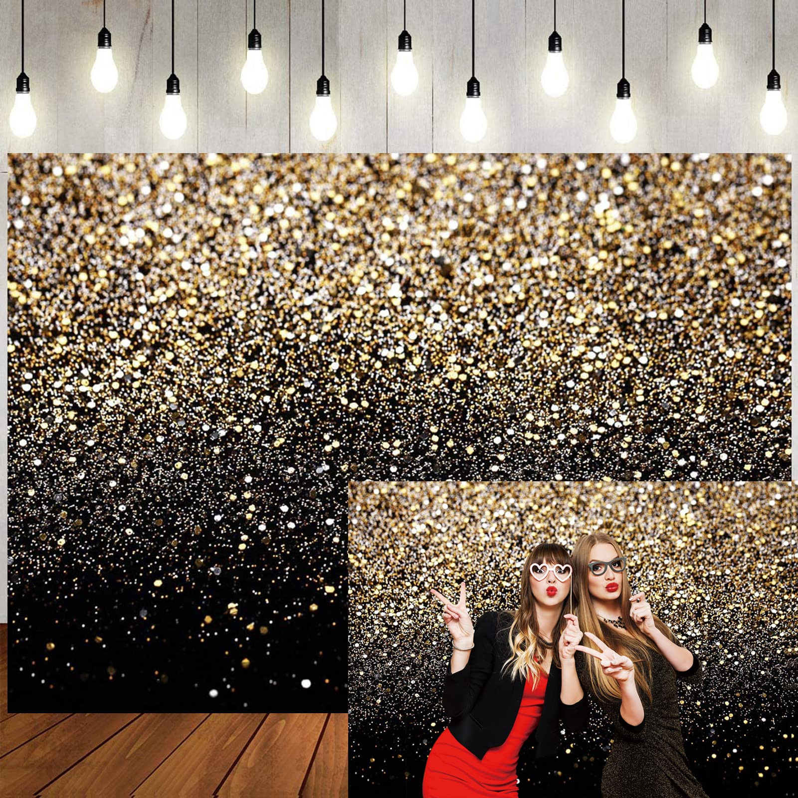 LTLYH 7x5ft Black and Gold Glitter Backdrop Happy New Year Eve Banner Decorations 2026 Gold Glitt... | Amazon (US)