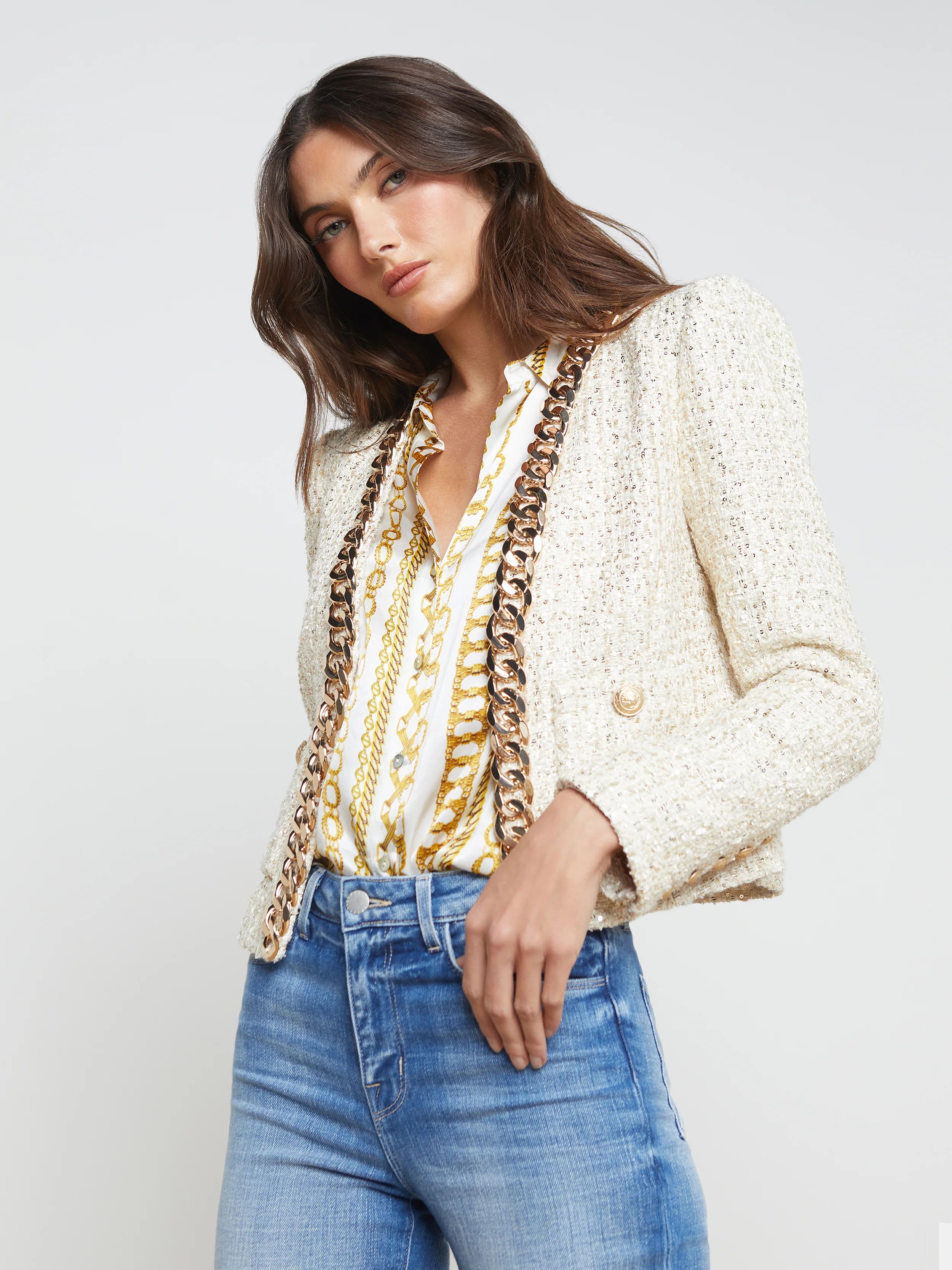 L'AGENCE Greta Chain Jacket in Champagne/Gold | L'Agence