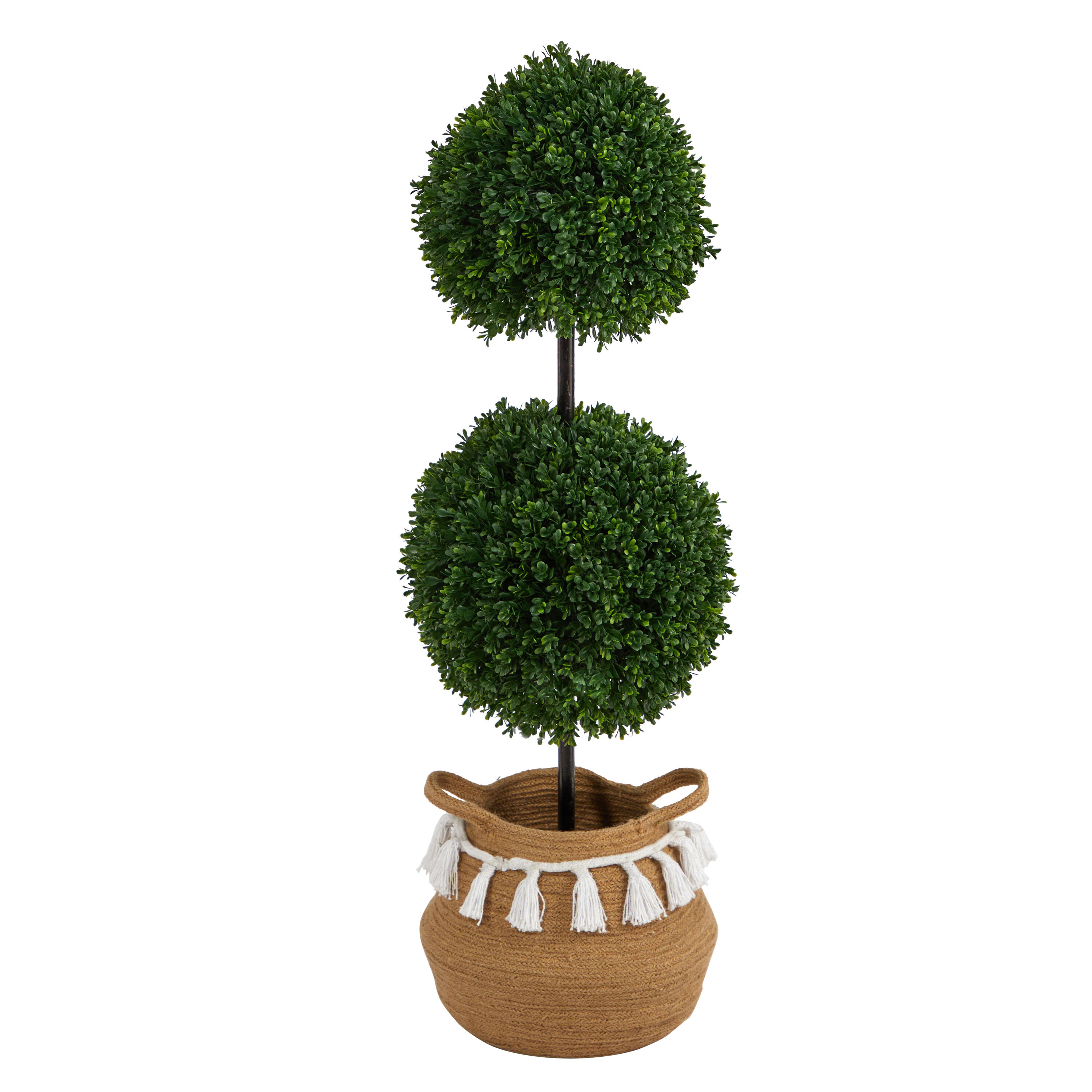 Nearly Natural 3.5-ft Boxwood Double Ball Artificial Topiary Tree in Boho Chic Handmade Natural Cotton Woven Planter with Tassels UV Resistant | Lowe's