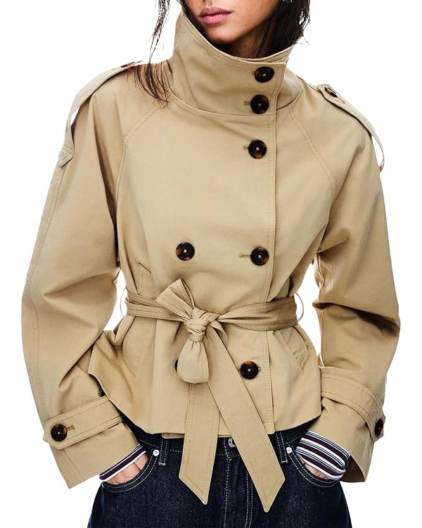 Women's Cropped Trench Coat Double Breasted Short Jacket High Collar Fall Winter Coats Trendy Out... | Amazon (US)