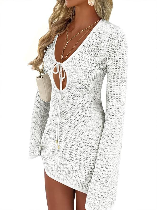 ANRABESS Women’s Crochet Swimsuit Cover Up, V Neck Mesh Knit Beach Dress, Long Sleeve Summer Va... | Amazon (US)