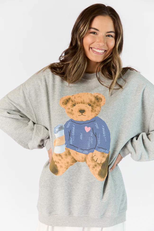 Vintage Teddy Bear Heart Sweater Light Grey Oversized Graphic Sweatshi | Pink Lily