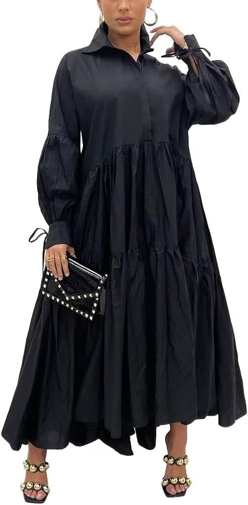 Women's Long Sleeve Maxi Shirt Dress Elegant Button Down Loose Swing Party Dress | Amazon (US)