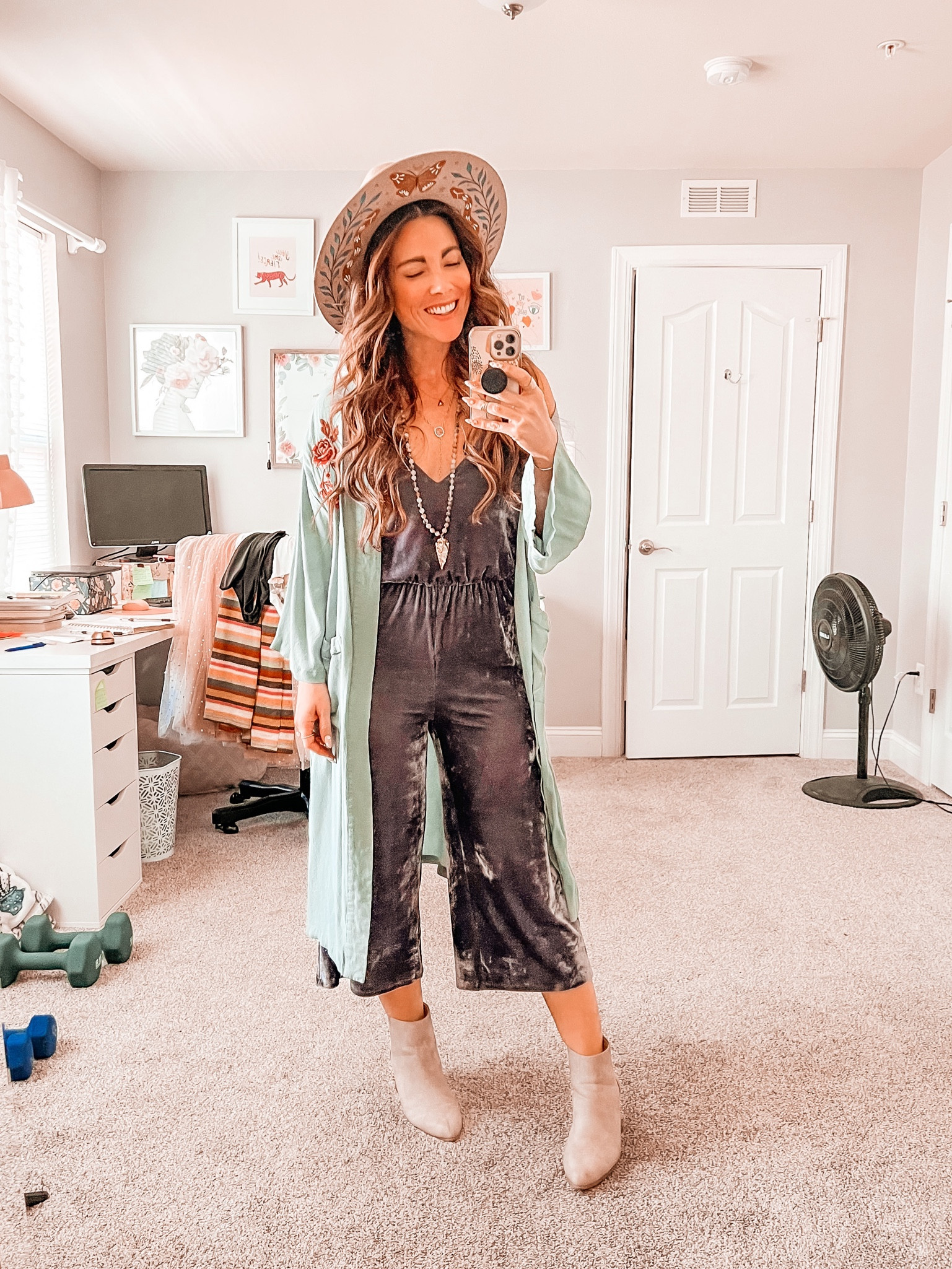 Obsessing over boho vibes lately for spring into summer! Instant boho outfit: Jumpsuit, kimono, booties, statement necklace, and a hard brim hat!

#LTKunder50 #LTKsalealert #LTKstyletip