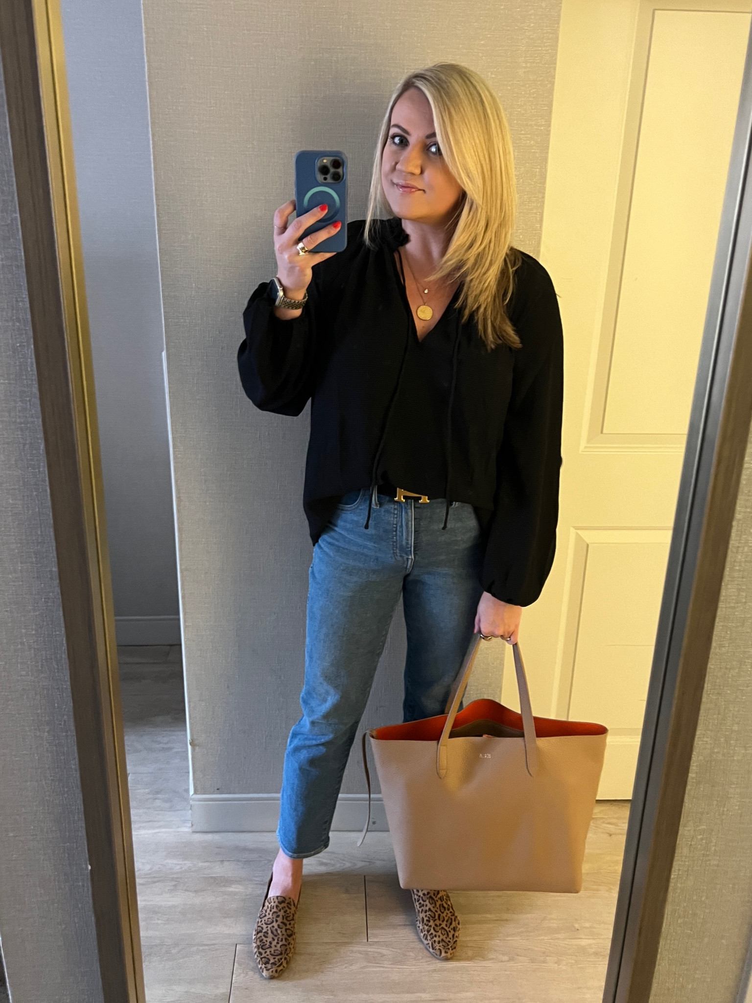 Work wear vibes #cuyana, work tote, black blouse, jeans for work, flats for work, shoes for work, leather tote, leather bag