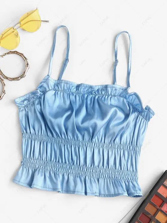 Frilled Ruched Satin Camisole   BLUE | ZAFUL (Global)