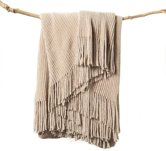 lifein Throw Blanket for Couch, Soft Boho Decor Bed Throw,Cozy Beige Knitted Chenille Small Farmh... | Amazon (US)