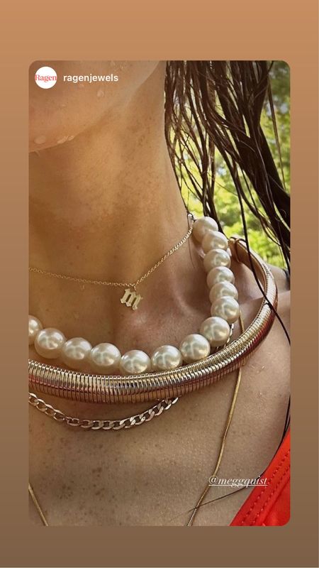 Monogram jewelry 
Ragen jewels 
Pearls 
Snake necklace 

#LTKwedding #LTKtravel #LTKswim