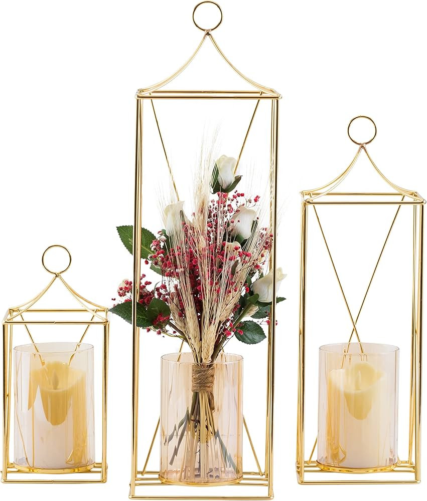Set of 3 Tall Metal Lanterns 24’’ & 19’’ & 13’’ Elegant Decorative Lantern with Pillar Candle Holder | Amazon (US)