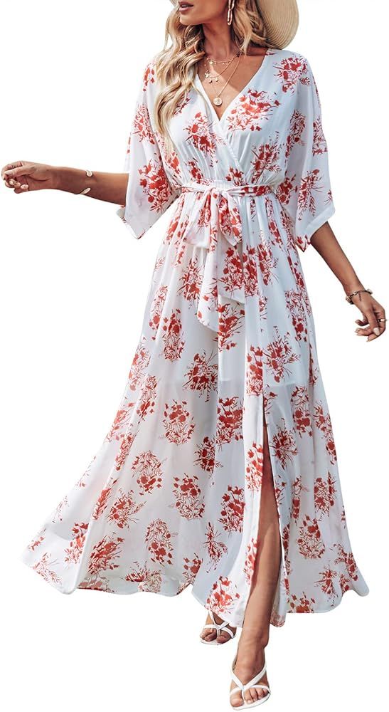 ANRABESS Women’s Summer Loose Kimono Maxi Dress Wrap V Neck 3/4 Sleeve Floral Print Slit Long D... | Amazon (US)