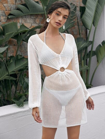 O-ring Detail Cut-out Open Knit Cover Up Without Bikini | SHEIN