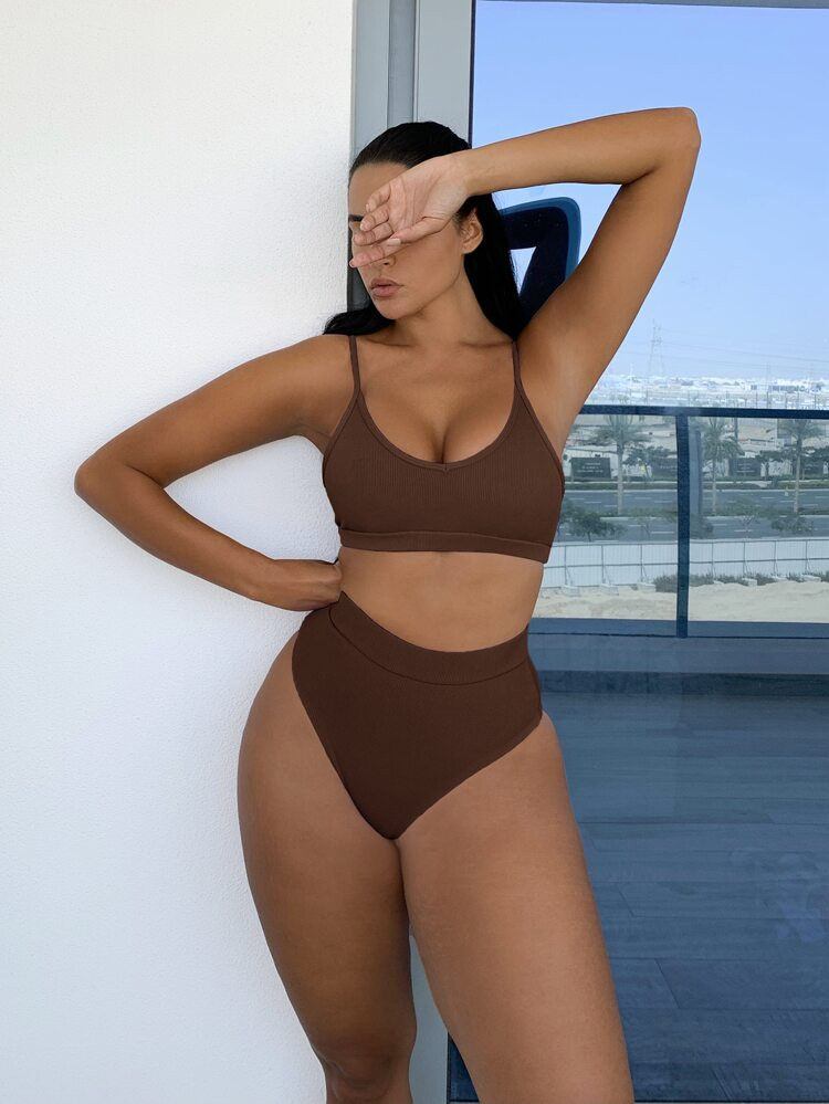 Solid Rib High Waisted Bikini Swimsuit | SHEIN