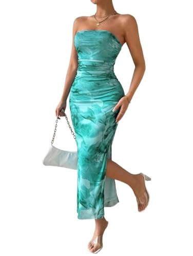 Women's Mesh Floral Strapless Bodycon Maxi Dress Ruched Long Tube Dresses Summe Sexy Party Club Dress Y2K Dresses (Cyan,X-Small) | Amazon (US)