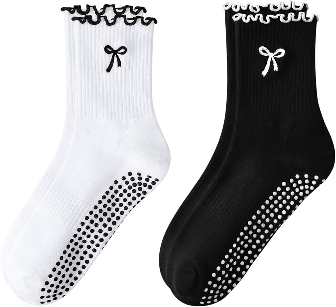 FIYIGO Pilates Yoga Grip Socks for Women, Bow-Patterned Ruffled Crew Socks Ideal for Fitness, Bal... | Amazon (US)