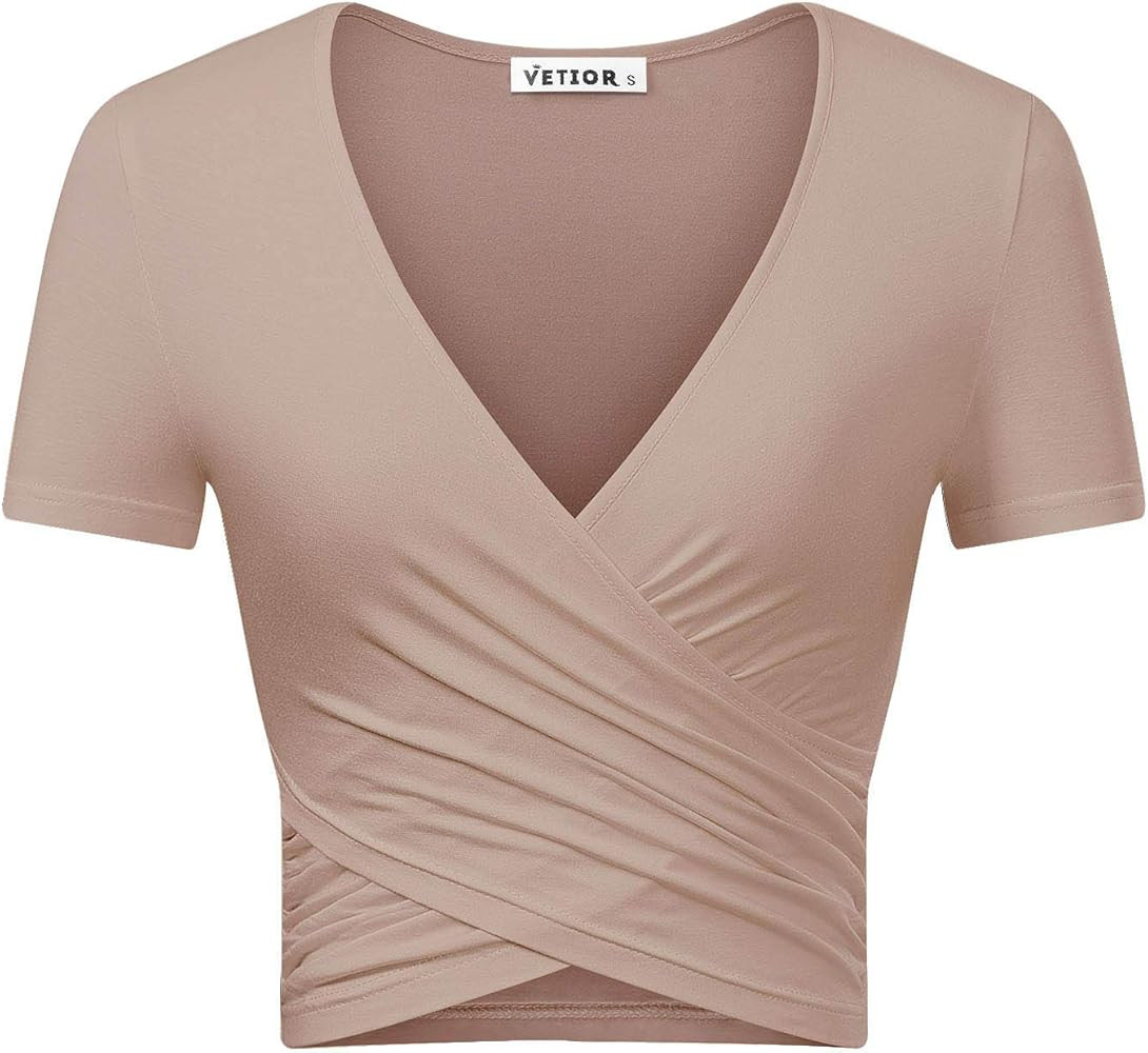 VETIOR Women's Sexy Deep V Neck Short Sleeve Unique Slim Fit Cross Wrap Shirts Crop Tops Going Ou... | Amazon (US)