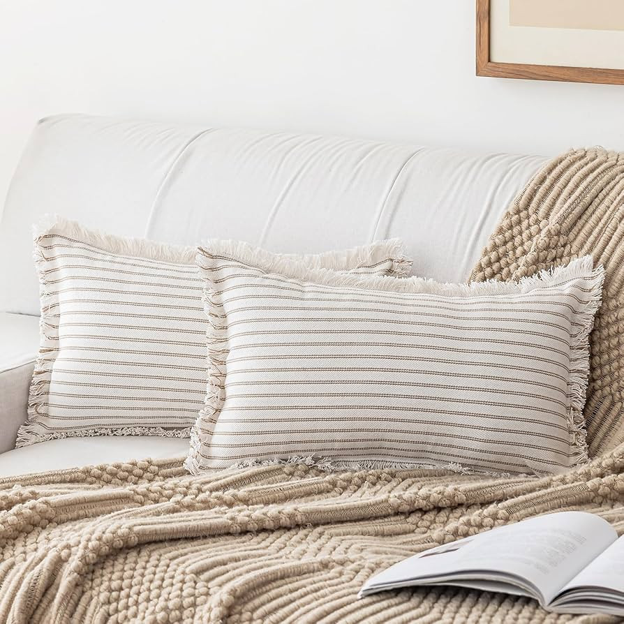 Throw Pillow Covers 12x20 Set of 2 Striped Fringe Pillow Cover Farmhouse Cushion Covers with Tass... | Amazon (US)