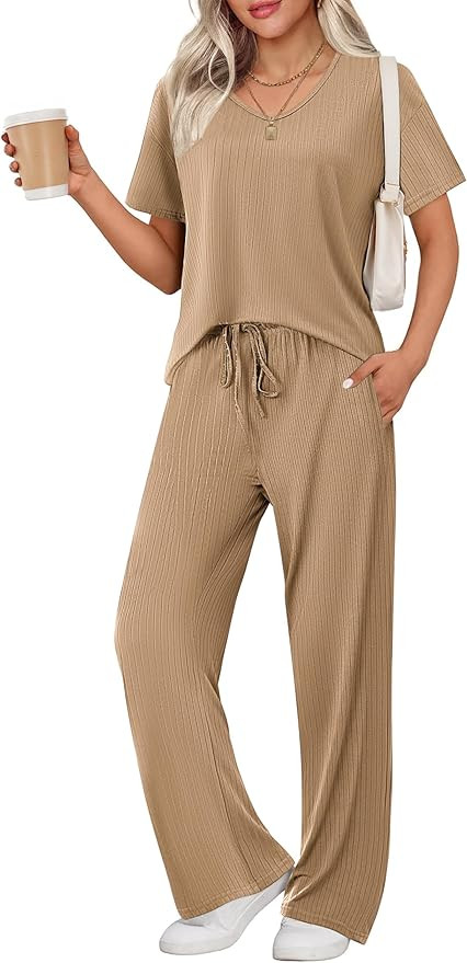 Ekouaer Womens Ribbed Knit Lounge Set Short Sleeve Top and Long Pants Sleepwear Pajama Set Two Pi... | Amazon (US)