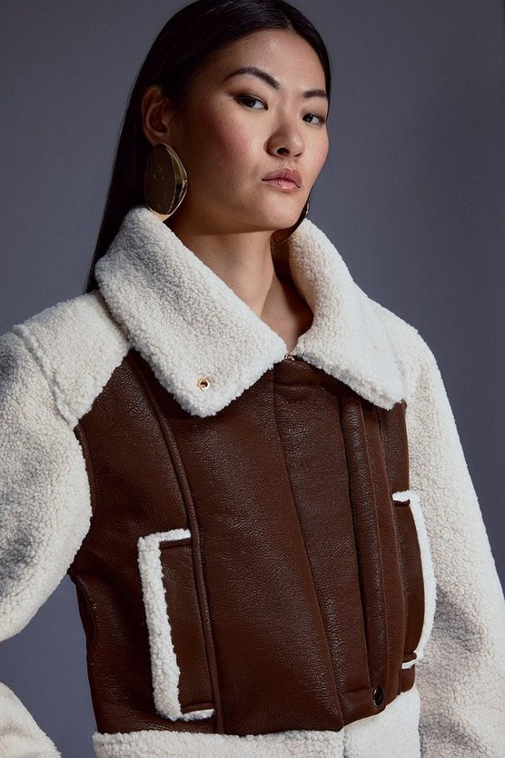 Faux Fur Crop Aviator Jacket | Karen Millen US